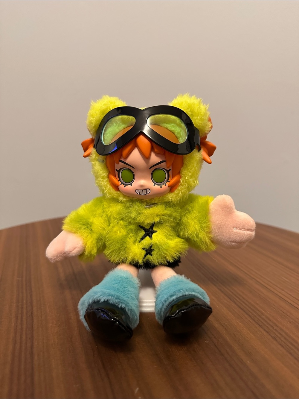 Popmart Peach Riot Plush Character Doll in Bright Lime Green Hoodie with Goggles